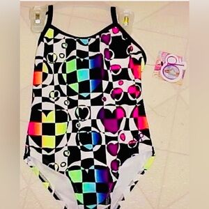 OP Little Girls Swimsuit 1 Pc Size XS 4/5 Geometric Pattern UPF + 50